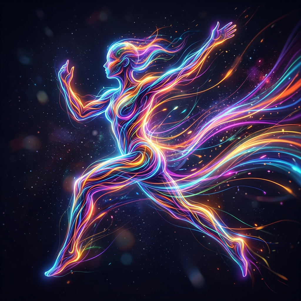 Abstract glowing figure of a person running with vibrant colorful light trails