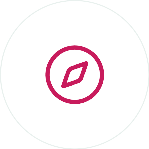 A simple compass icon within a circular outline, designed in a minimalist style with a pink color scheme.
